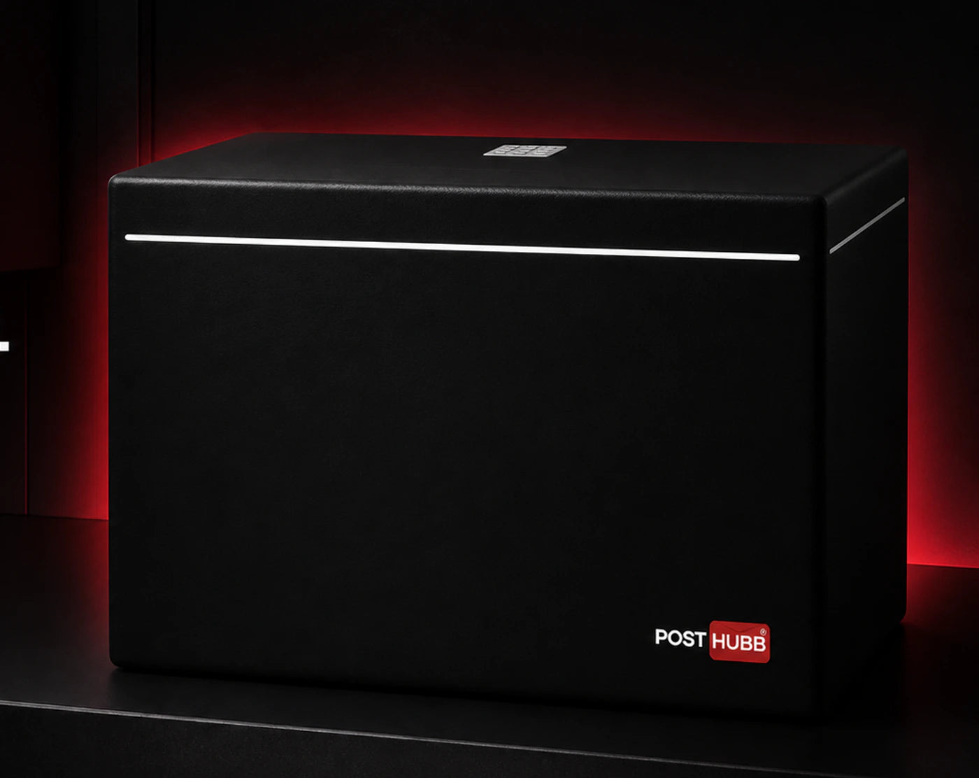 Post Hubb architectural delivery vault shown in a red ambient product setting