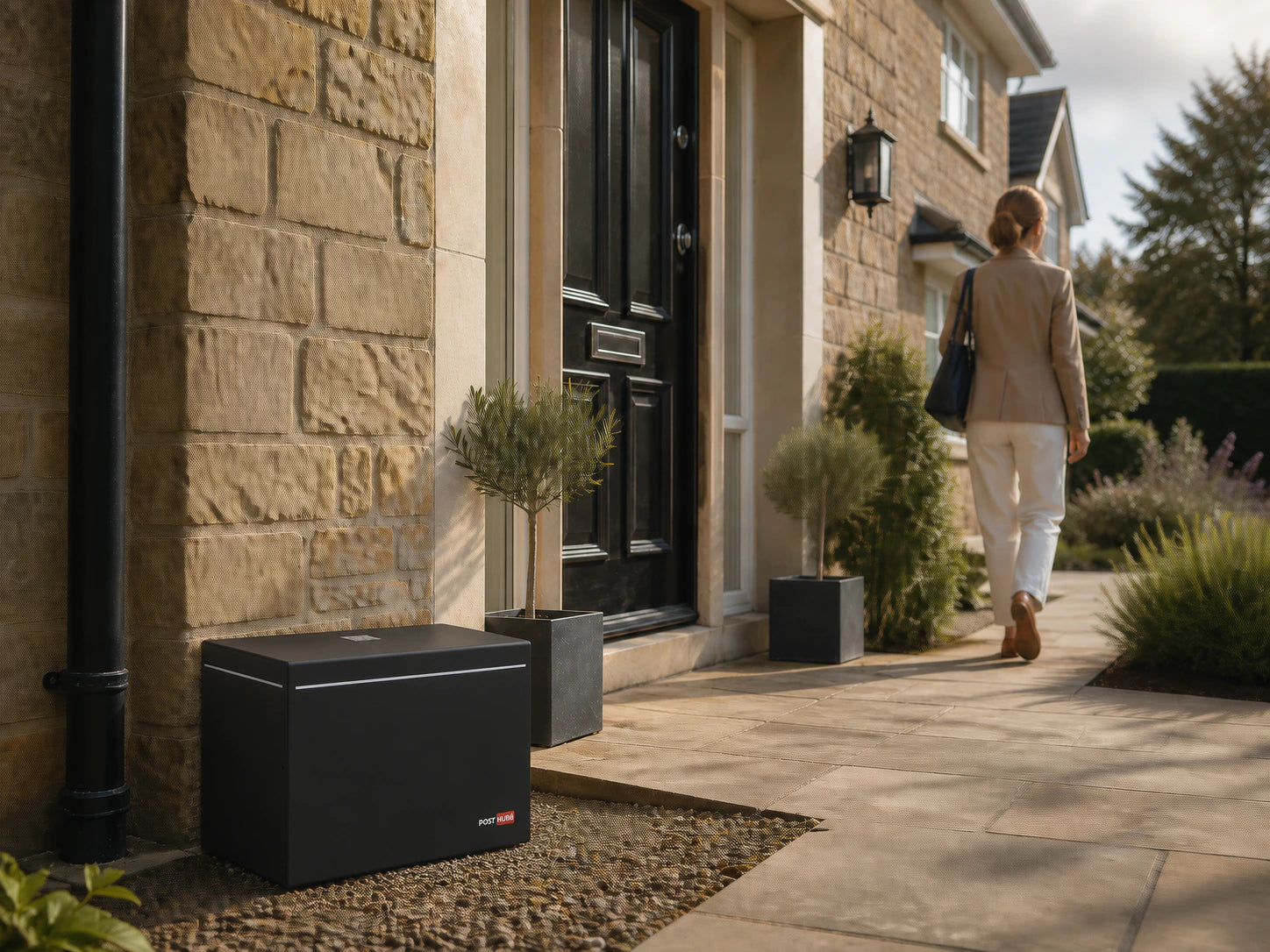 Post Hubb positioned beside a bright modern home entrance and clear of the walking route
